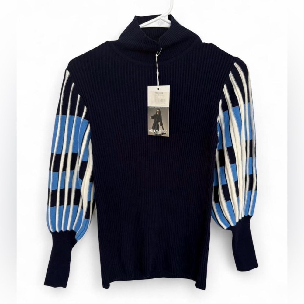 NWT Milan Kiss Ribbed Mock Neck Sweater Statement Balloon‎ Sleeves Small Navy